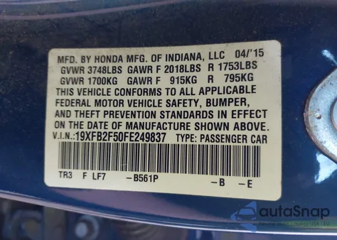 2015 Honda Civic Lx z USA, uszkodzony, nr VIN 19XFB2F50FE249837